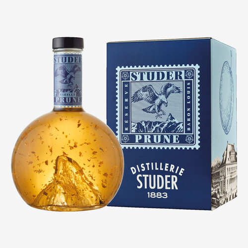 Studer`s  Swiss Premium Pflaume 42% Vol. mit echtem Gold 24ct. ( Vieille Prune)

